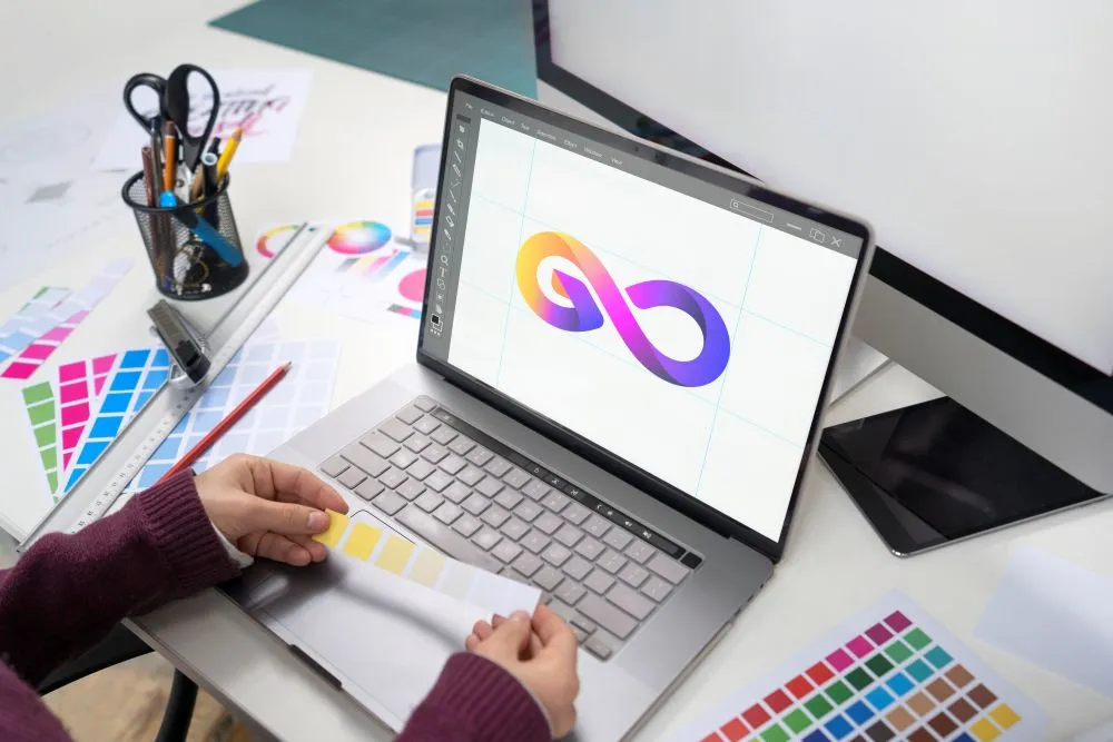 Designer gráfico a trabalhar em portátil com logótipo em desenvolvimento e paletas de cores, criando identidade de marca