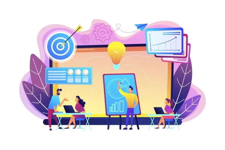Ilustração de equipa a trabalhar em planeamento e estratégia de marketing digital, com gráficos, metas e ideias para crescimento empresarial