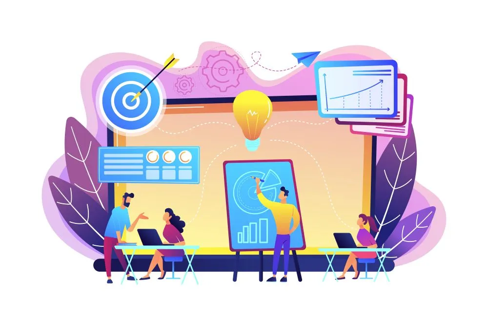 Ilustração de equipa a trabalhar em planeamento e estratégia de marketing digital, com gráficos, metas e ideias para crescimento empresarial