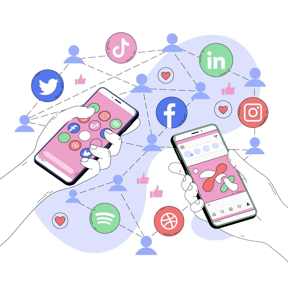 Ilustração de mãos a segurar smartphones com ícones de redes sociais como Facebook, Instagram, LinkedIn e Twitter, representando gestão de conteúdos online