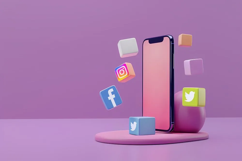 Conceito digital com smartphone e ícones 3D de redes sociais como Facebook, Instagram e Twitter, simbolizando comunicação e presença online