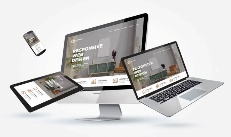 Mockup de design web responsivo em computador, portátil, tablet e smartphone, simbolizando criação de websites adaptáveis