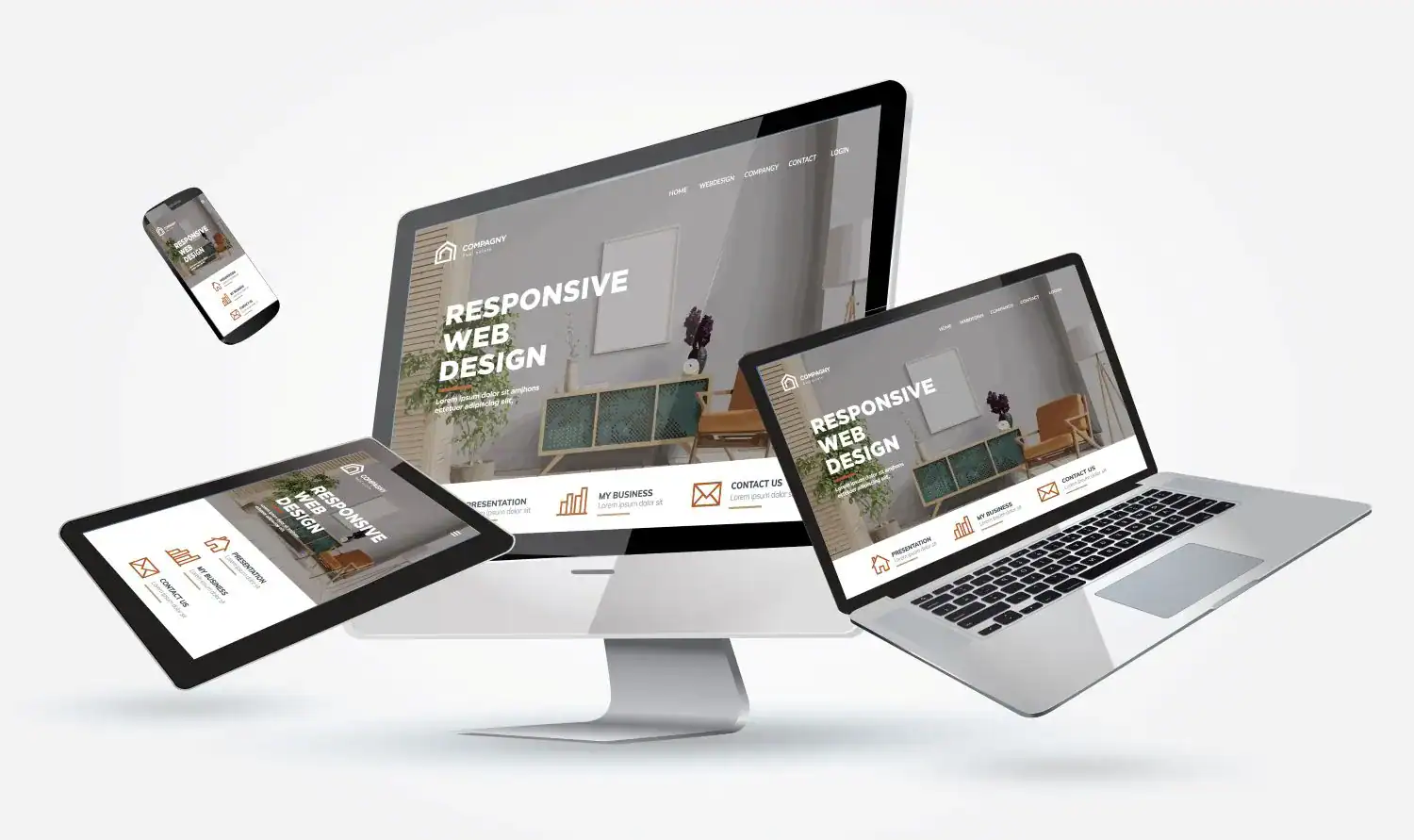 Mockup de design web responsivo em computador, portátil, tablet e smartphone, simbolizando criação de websites adaptáveis